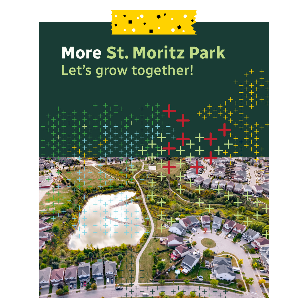 More St. Mortiz park: let's grow together. Background image with the park, grass, trees, water, and trail.