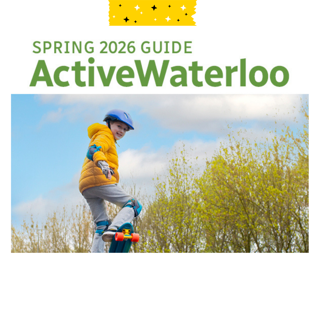 Spring 2026 Guide ActiveWaterloo. With a child on a skateboard as the image.