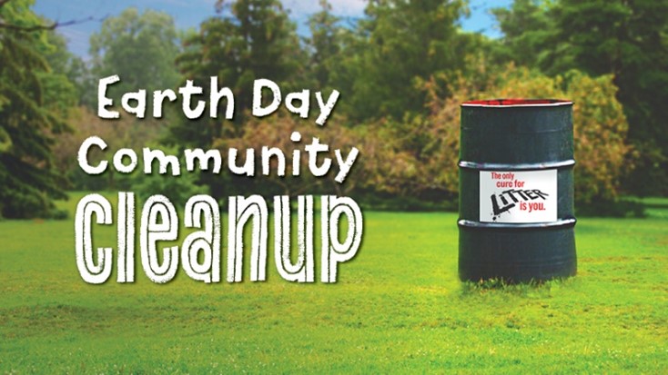 Earth day community clean up with a garbage can and green grass