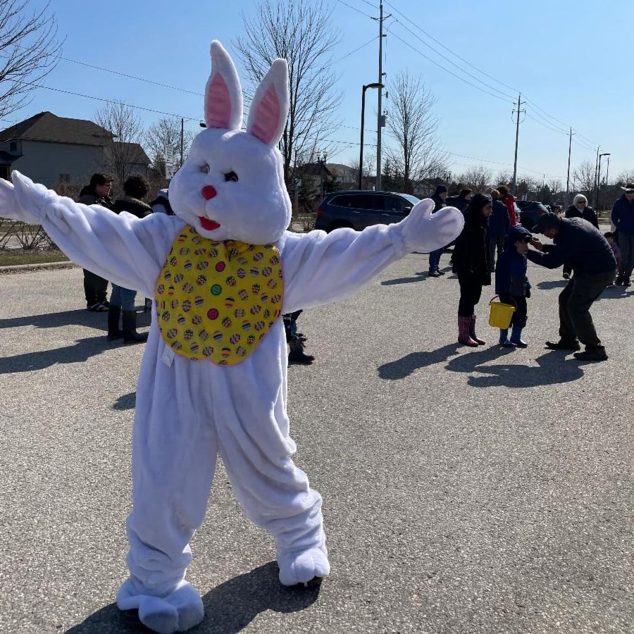 Person in a rabbit mascot outfit, outside during an easter event