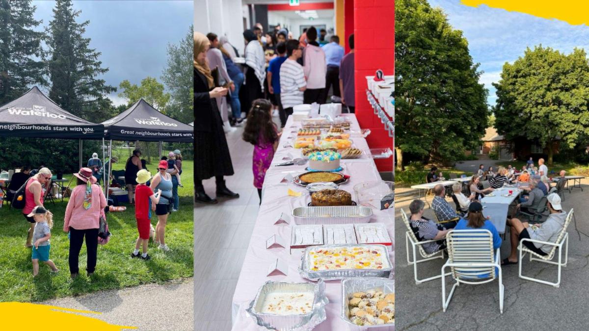 Three images showcasing neighbours gathering at celebrations.