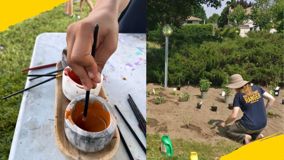 Two images featuring different programs: neighbour creating paint and neighbour gardening at pollinator patch in a park. 