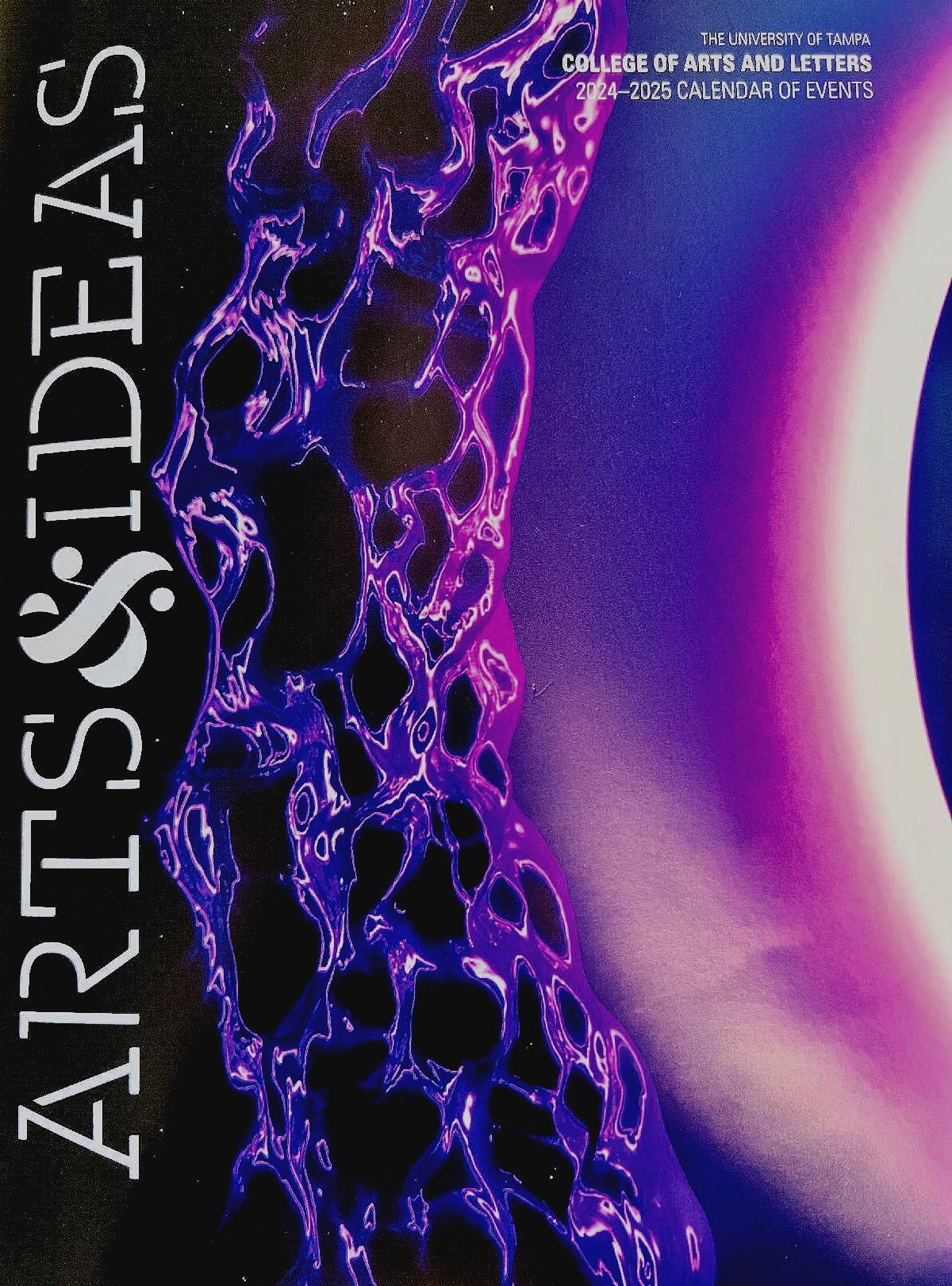 cover of Arts & Ideas magazine with abstract purple liquid-like waves and an abstract circle shape. All in shades of purple. Titled with the College of Arts and Letters in the right-hand corner