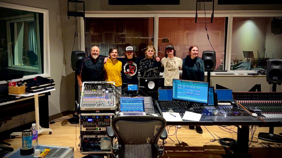 Troy Cusson with students in recording studio