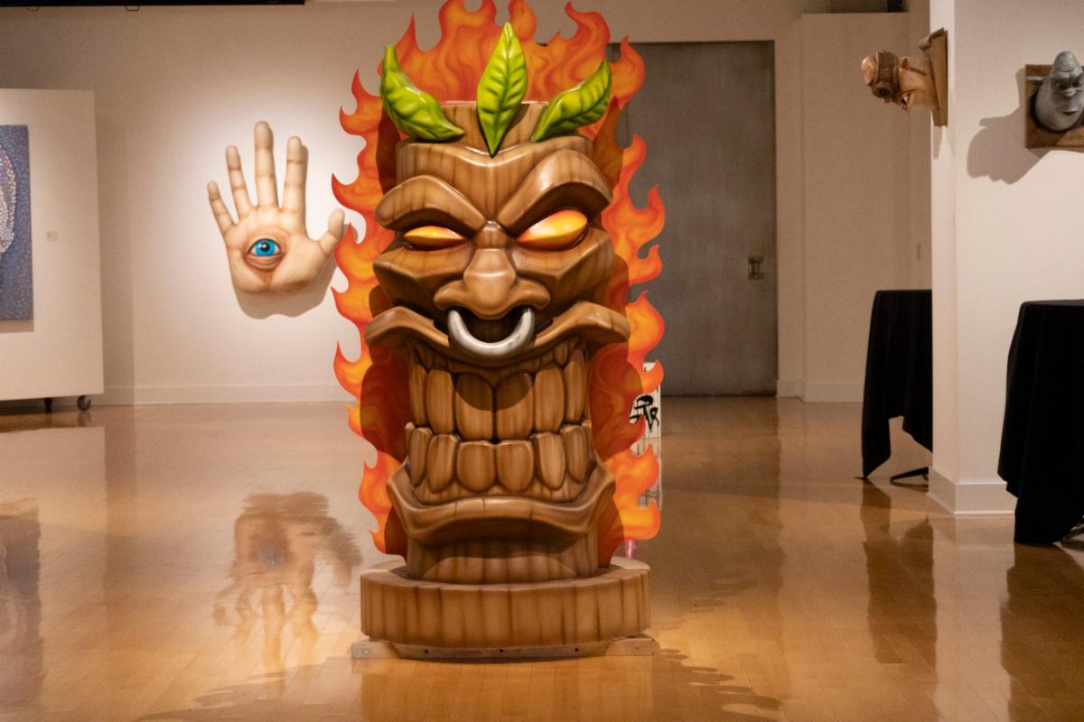 Large tiki art sculpture in the art gallery