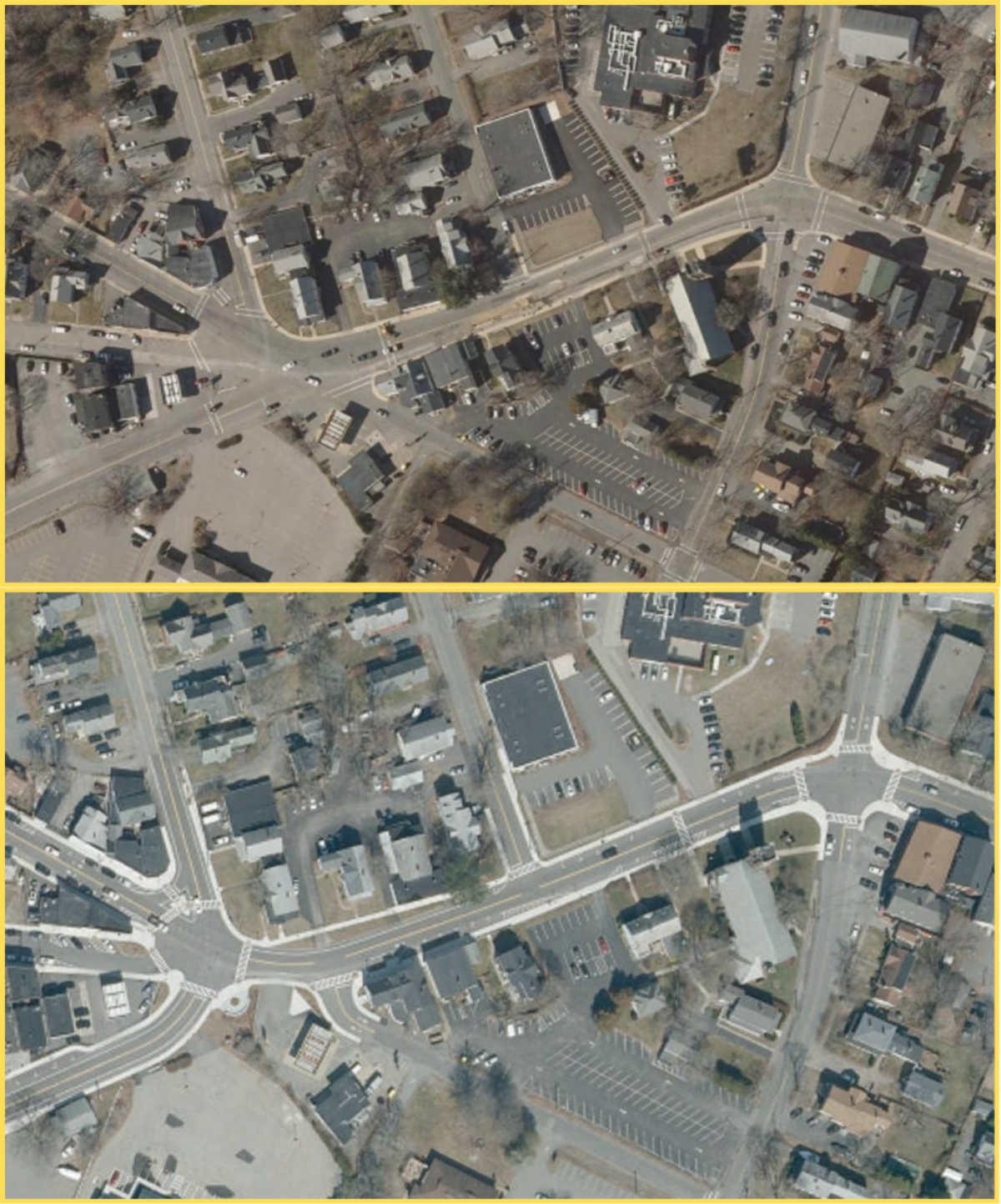 Before (top) and after (bottom) image of John Glass Square in Middleborough, a 2021 TIP-funded project