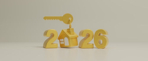 Golden house and key icon with 2026 New Year number on yellow background. Family budget planning. Investments_ plans_ savings. Mortgage rates. Real estate concept for home purchase. 3d rendering