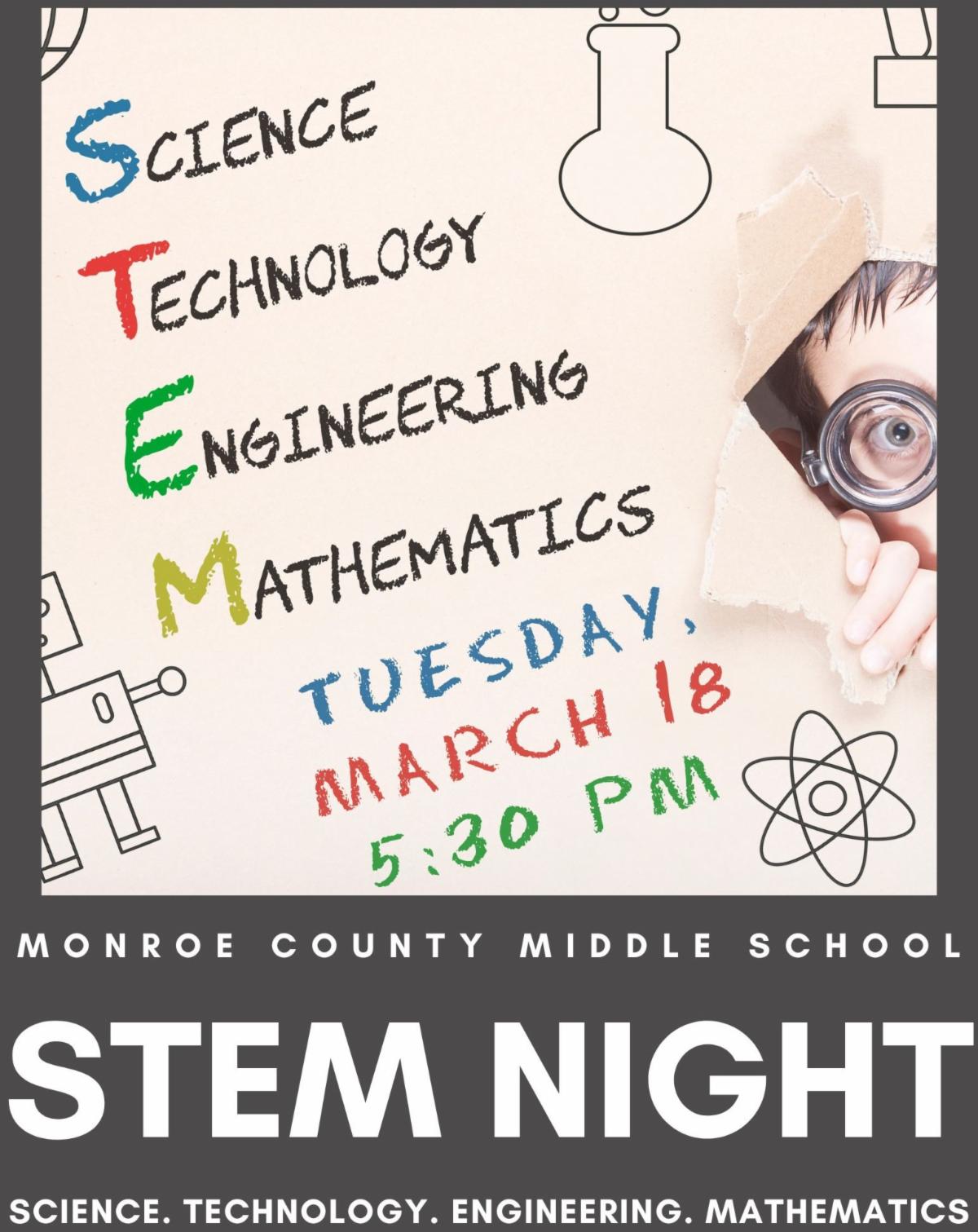 TUESDAY MARCH 18 530 PM SCIENCE TECHNOLOGY ENGINEERING MATHEMATICS  monroe county middle school SCIENCE. TECHNOLOGY. ENGINEERING. MATHEMATICS STEM night