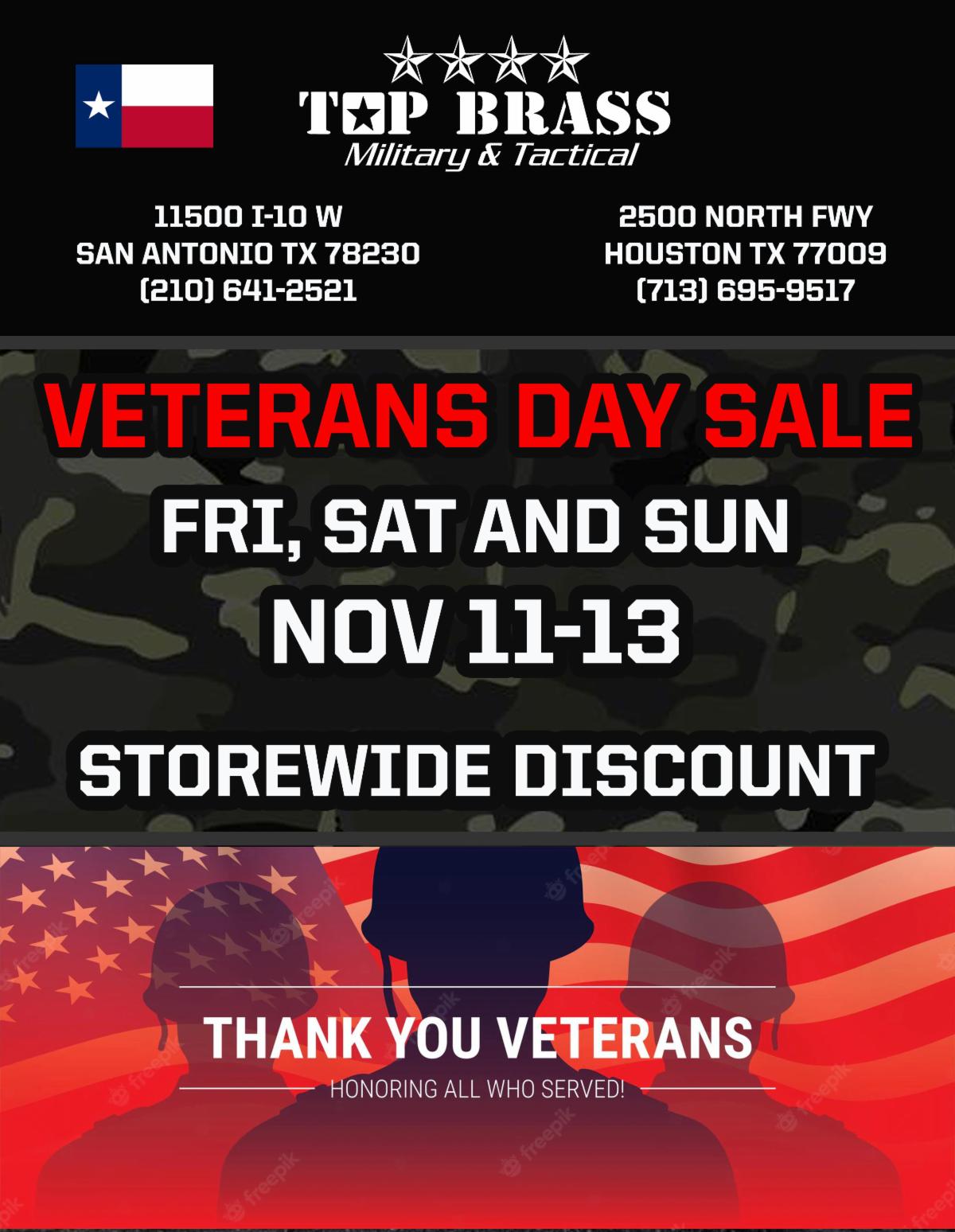 Veterans Day Sale! Only at Top Brass Military & Tactical San Antonio