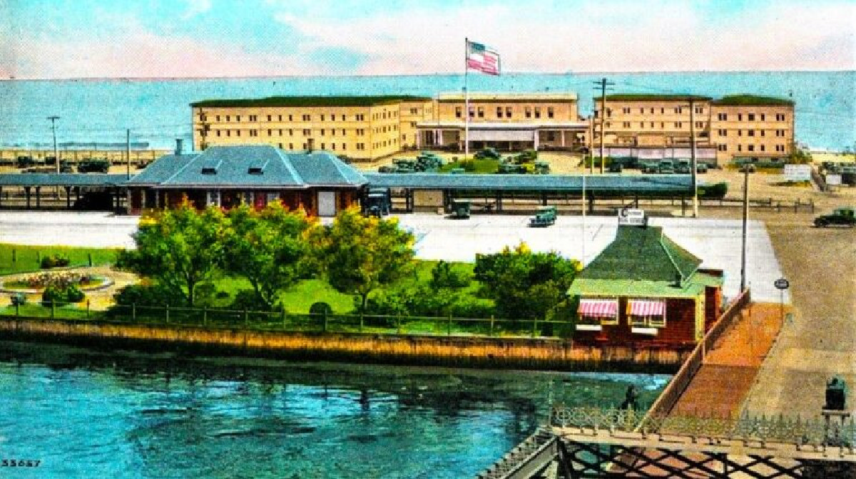 Image of Sea Bright Railroad Station with the Seabright Beach Club behind, 1920s, taken from the Rumson-Sea Bright Bridge.  ﻿Photo credit: MonmouthBeachLife.com