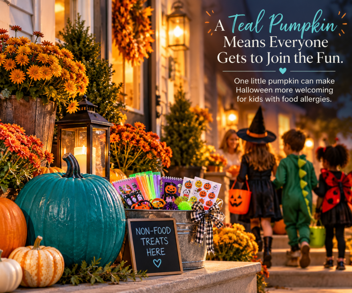 Teal pumpkin on a welcoming fall porch representing allergy-friendly Halloween treats for trick-or-treaters.