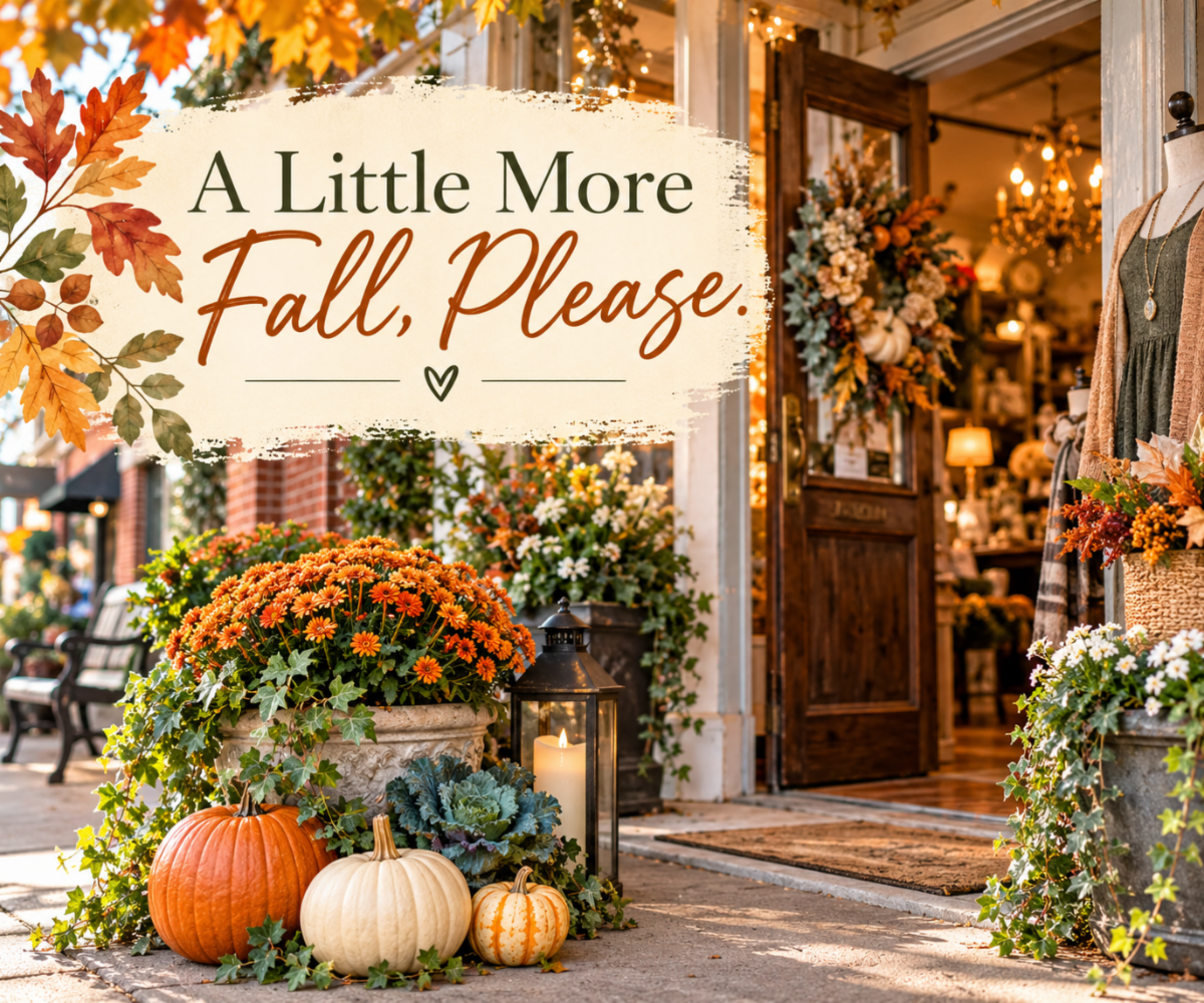 Warm fall storefront scene with pumpkins, autumn mums and seasonal décor inviting shoppers to enjoy a little more fall at Wild Blossoms in Downtown Acworth.