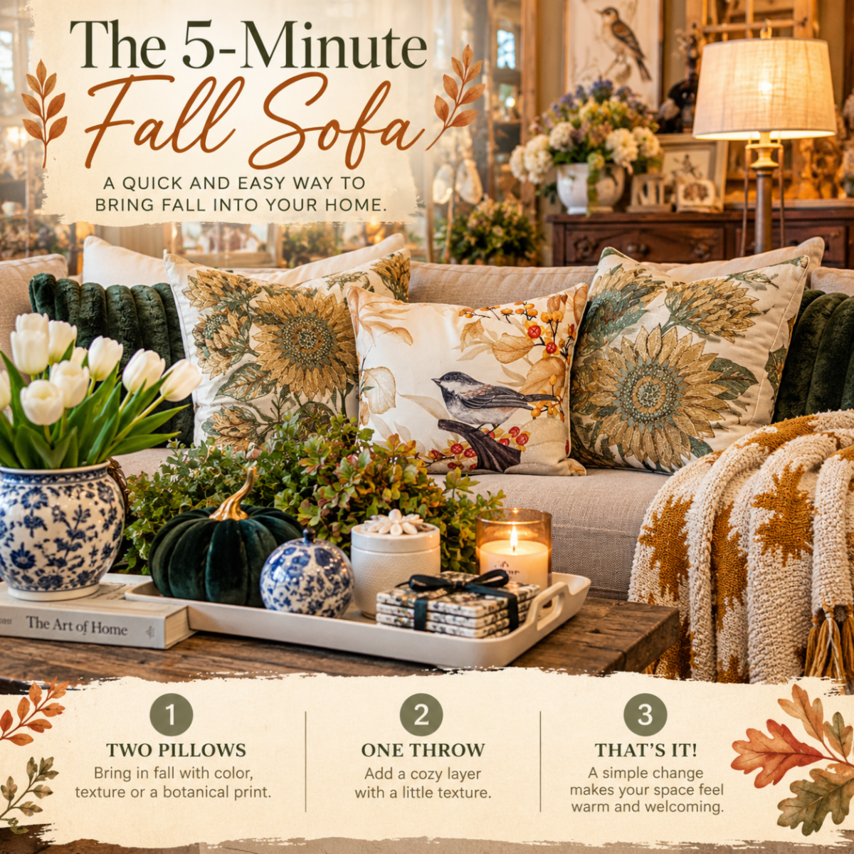 The 5-Minute Fall Sofa editorial graphic from the October Wild Blossoms newsletter