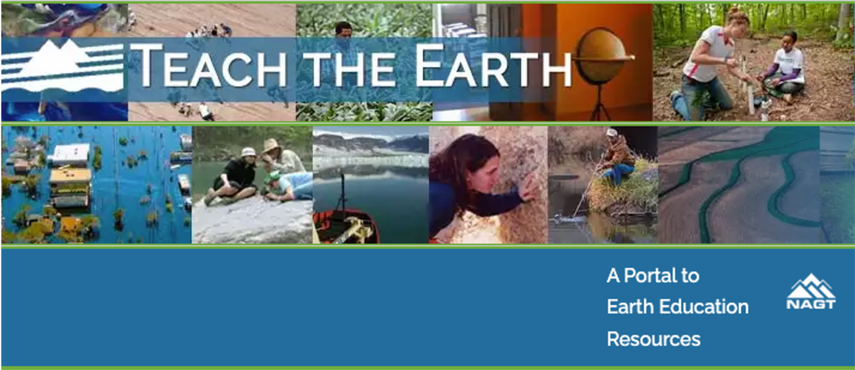 Mosaic of Geoscience themed photos with the words "Teach The Earth"