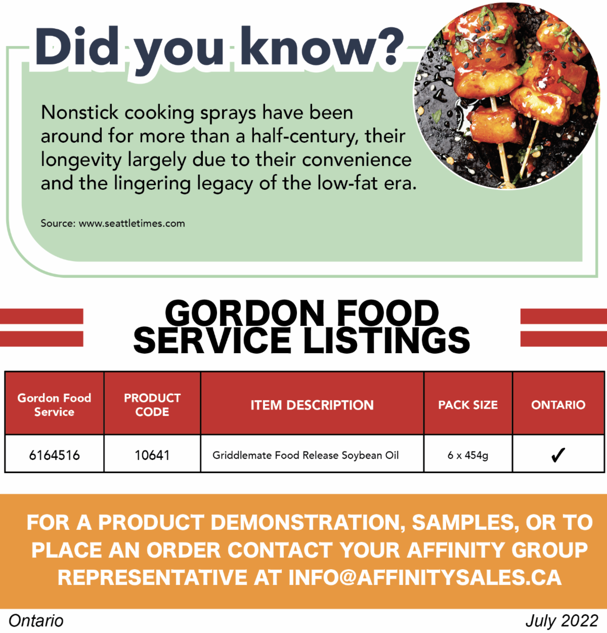 ConAgra Griddlemate Gordon Food Service Ontario Listing Alert