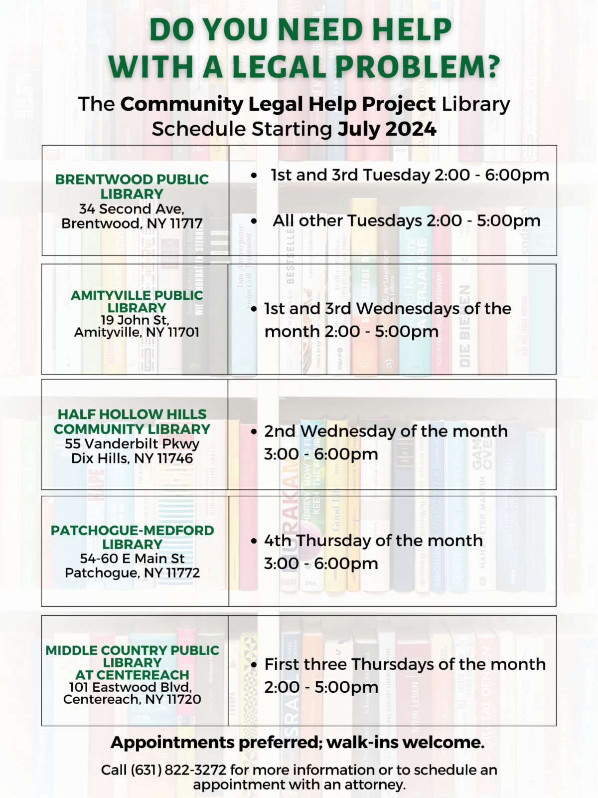General flyer with days and times CLHP will be at libraries