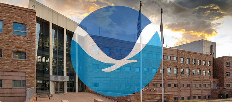 Exterior entrance of the David Skaggs Research Center in Boulder, Colorado, with the NOAA logo overlaid