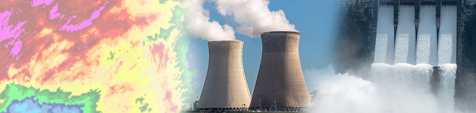 A colorful map of precipitation banding blends into nuclear cooling towers and water dam