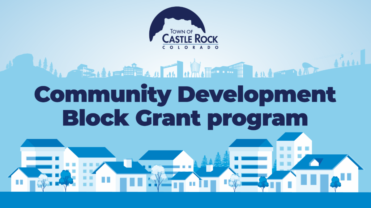 Light blue, dark blue and white illustrated graphic with text that reads Community Development Block Grant. Residential homes illustrated in bottom border.