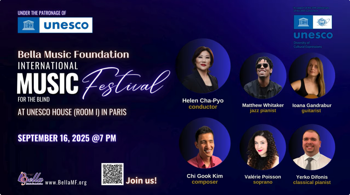 Ad for the Bella Music Foundation concert including the details of the place and time and photos of six of the performers including Matthew Whitaker and Yerko Difonis.