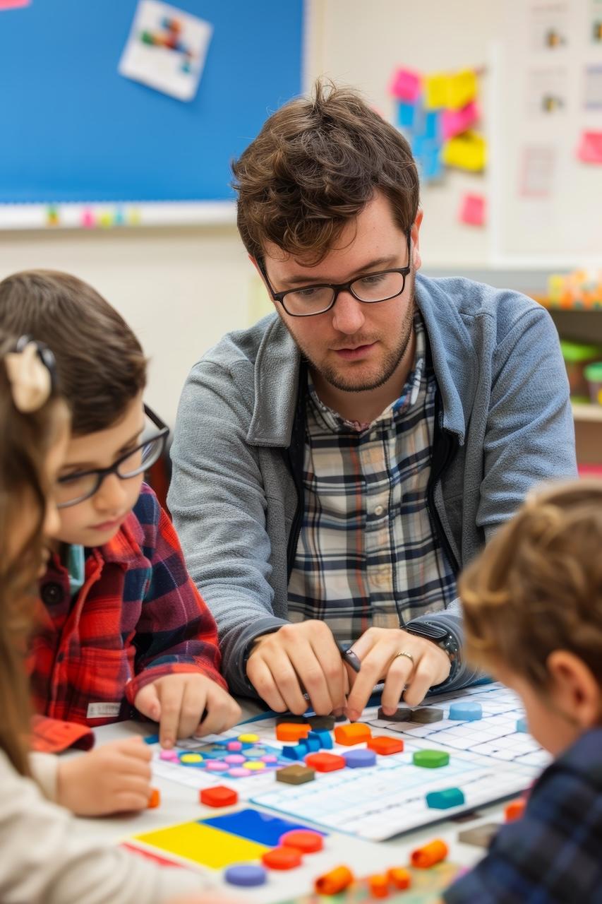 Teacher Guiding Children in Math Exercise Using Visual Aids and Manipulatives in an Engaging Classroom Setting 