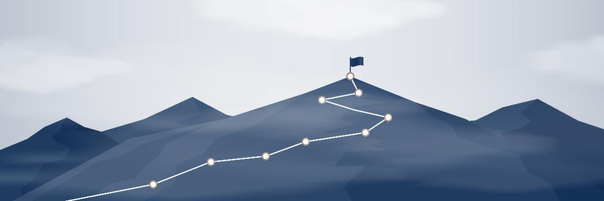 Mountain climbing route to peak with cloud and fog