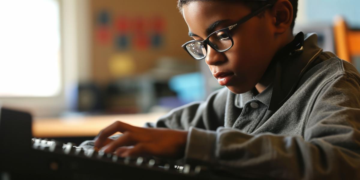 Using A Braille Reader, a young Student wearing black glasses,  completes an assignment with ease