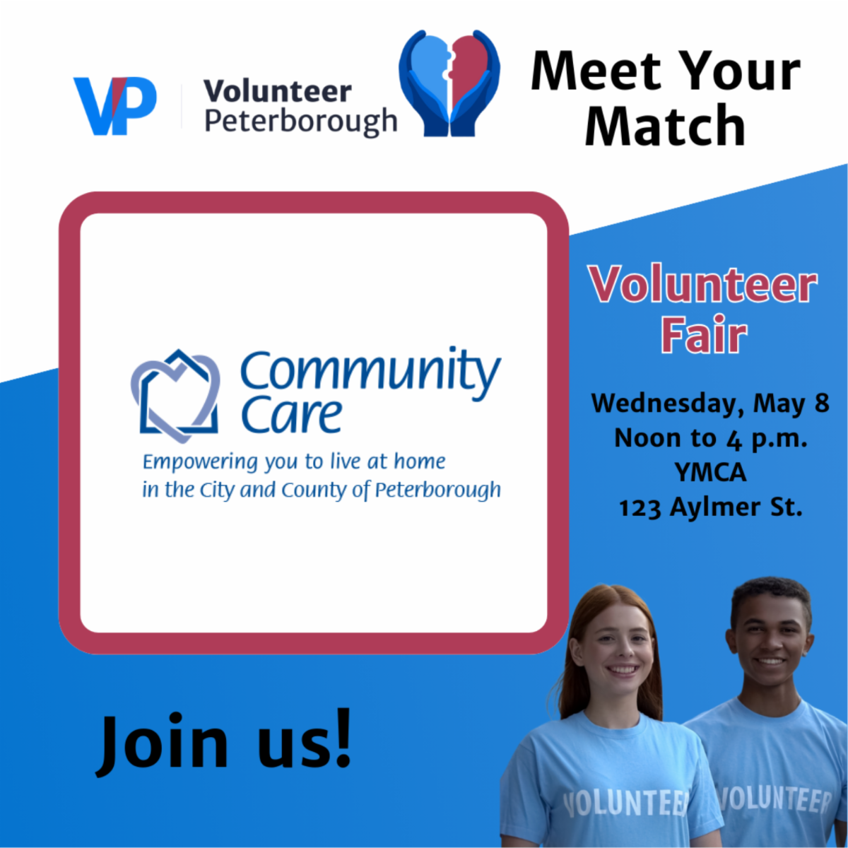 Graphic that reads Volunteer Peterborough Meet Your Match with CCP logo