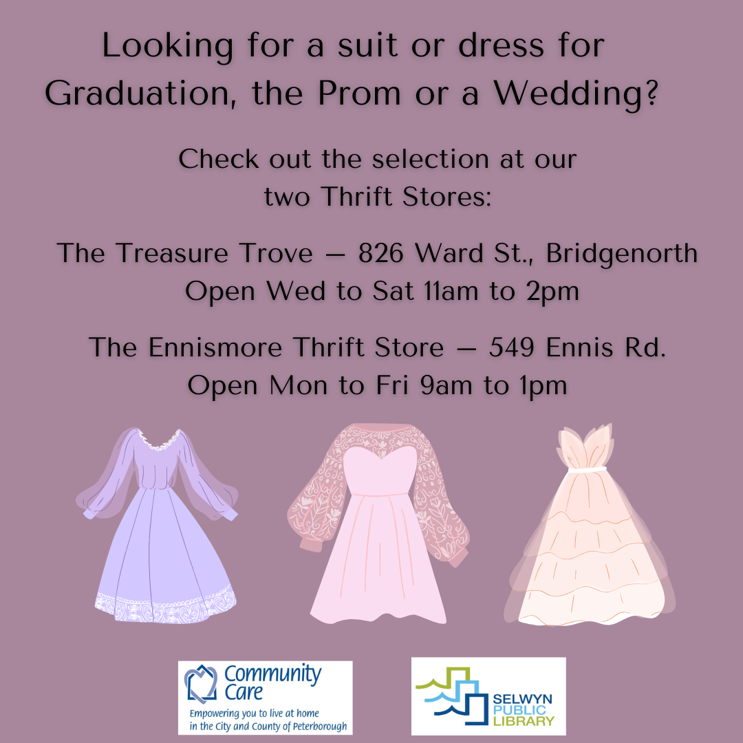 Graphic with dresses to promote two New to You thrift stores