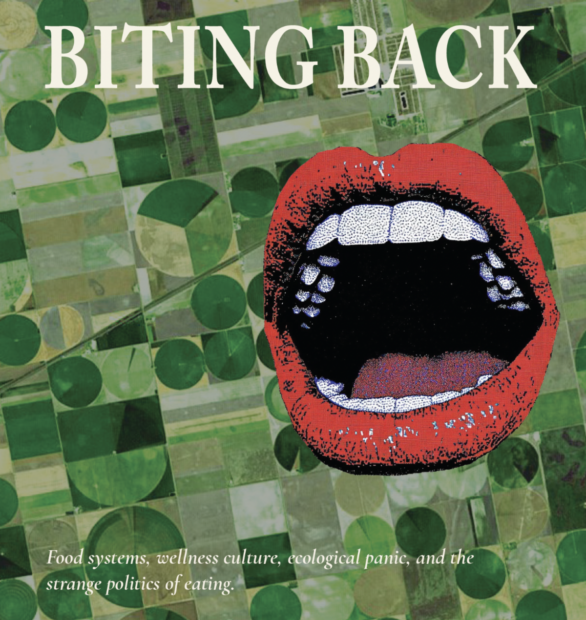 Graphic of a mouth wide open over a green patterned backdrop