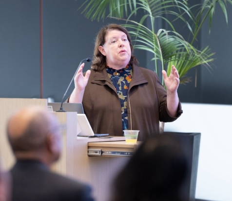 Ruth O'Hara addresses the audience at a Stanford Medicine event celebrating the Clinical and Translational Science Award grant