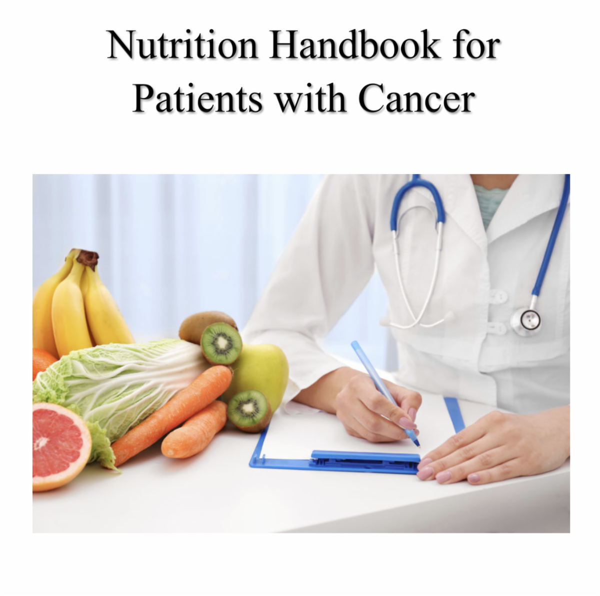 Dr writing notes next to a pile of fruits and vegetables