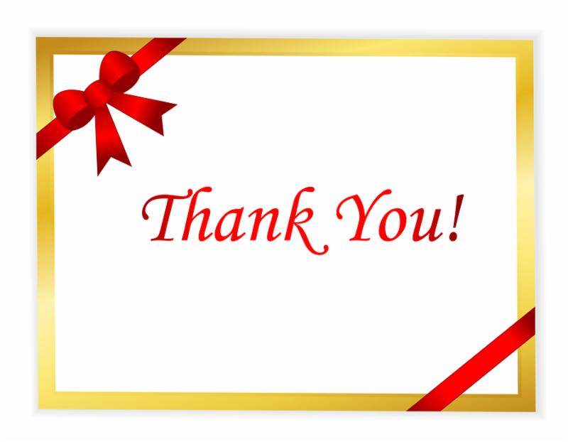 Elegant gold thank you card with red ribbon and shiny red thank you text in middle