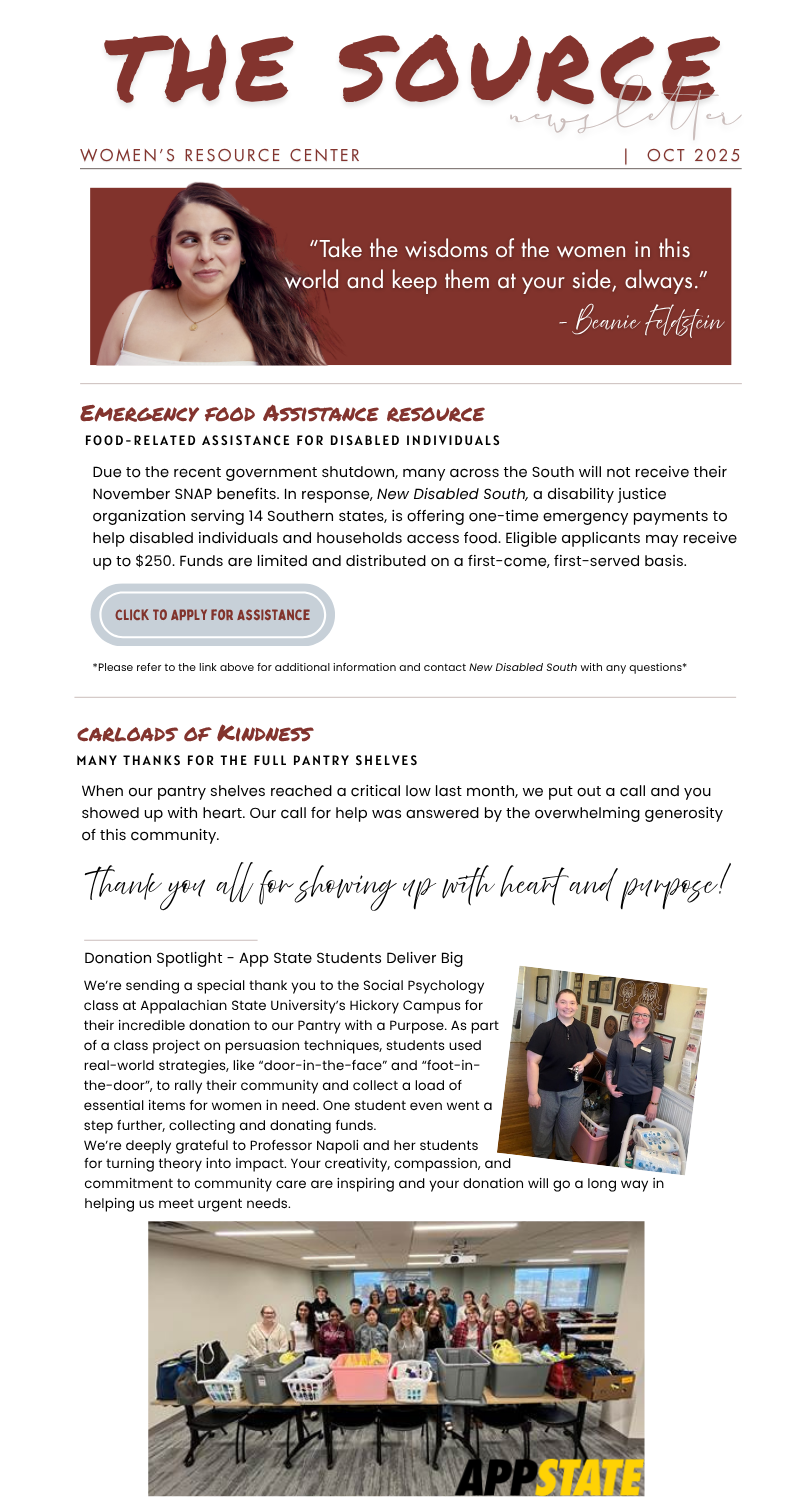 The Source - October 2025 newsletter header and sections (Emergency Food Assistance, Carloads of Kindness, App State Spotlight)