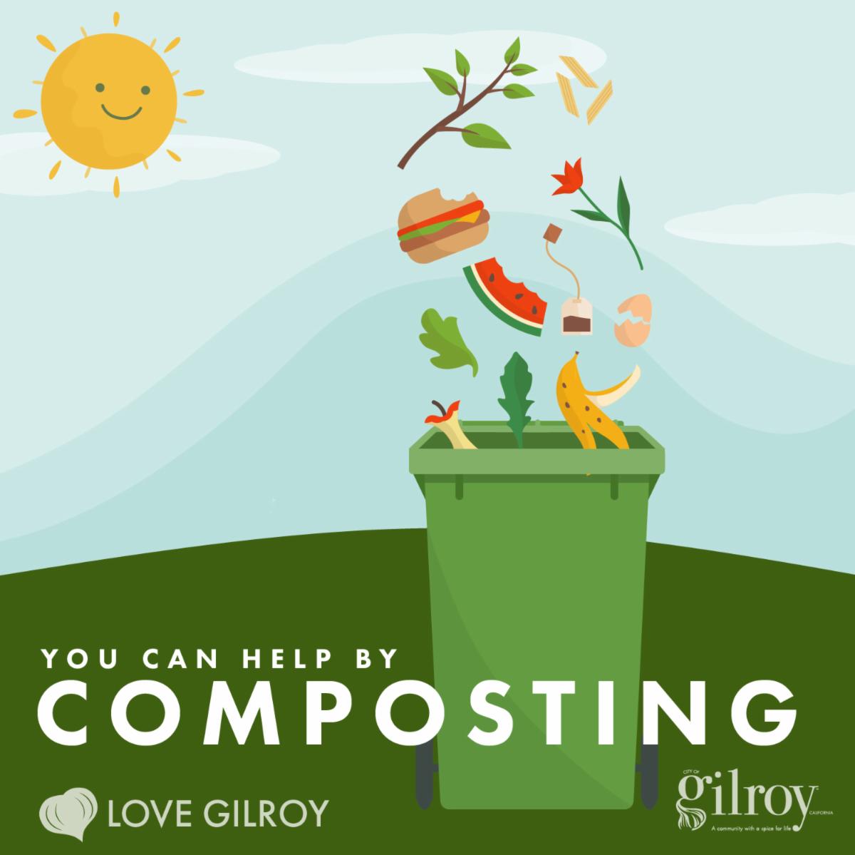 Illustration of composting bin with food and plant scraps falling into the bin.