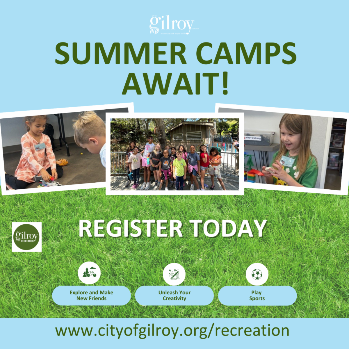 Group of children smiling outdoors at a summer camp with cabins in the background.