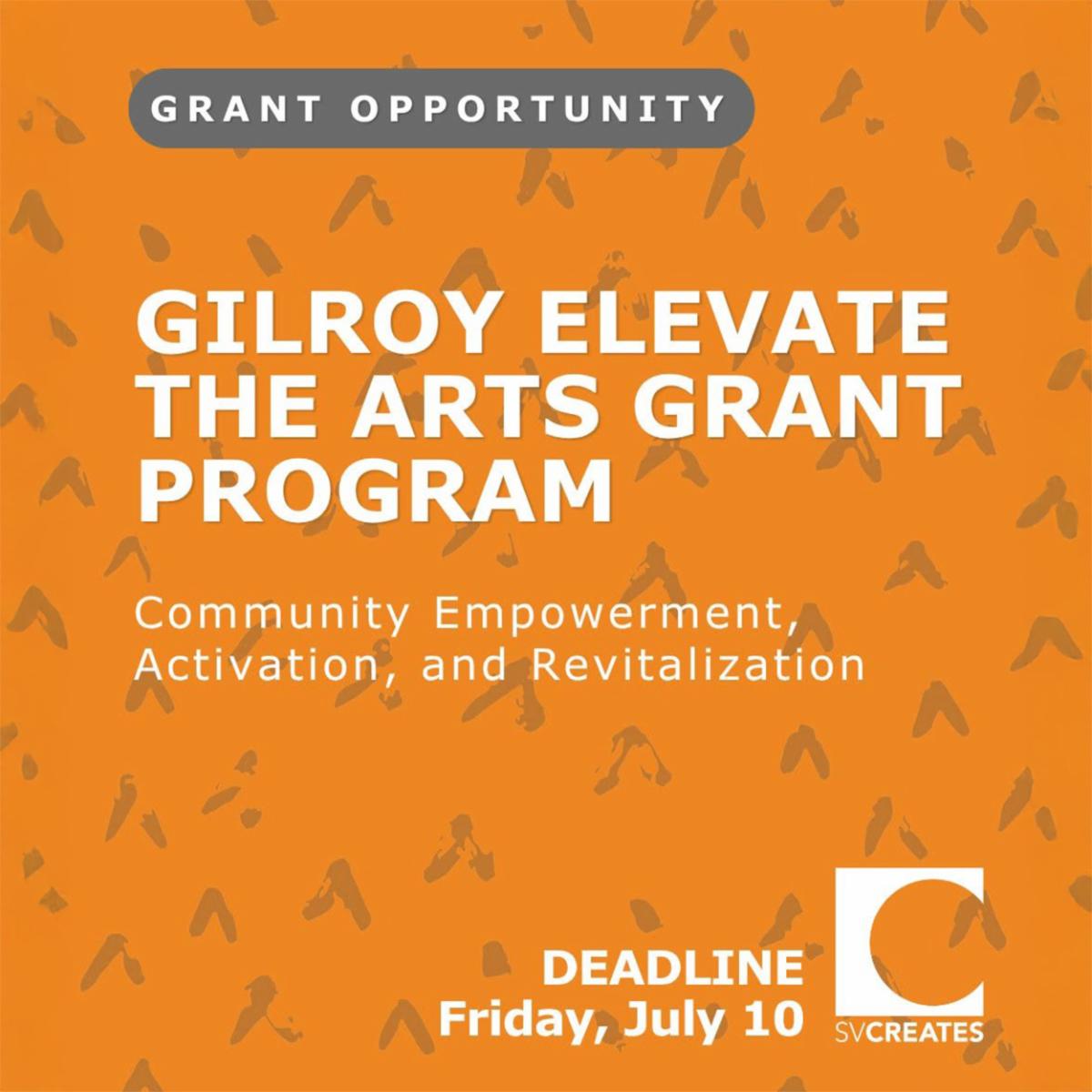 orange square with grey pattern. Arts program information.