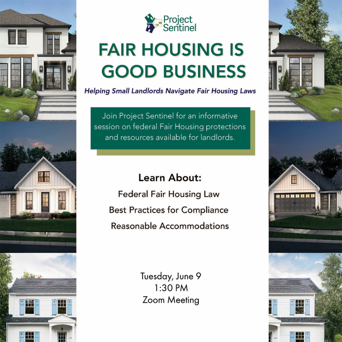 images of single family homes with text overlay about the project sentinal zoom webinar