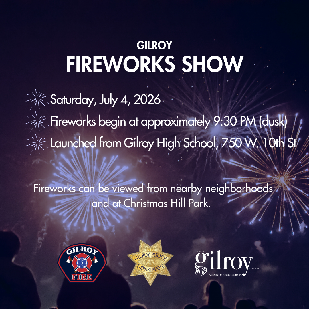 Professional fireworks with information about the 2026 Gilroy fireworks show