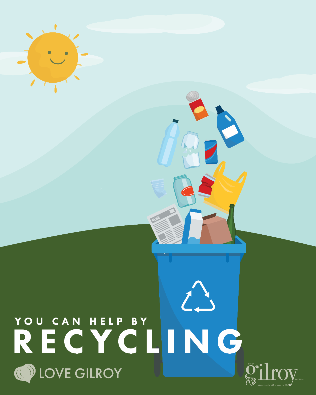 Items for recycling falling into the blue recycling bin