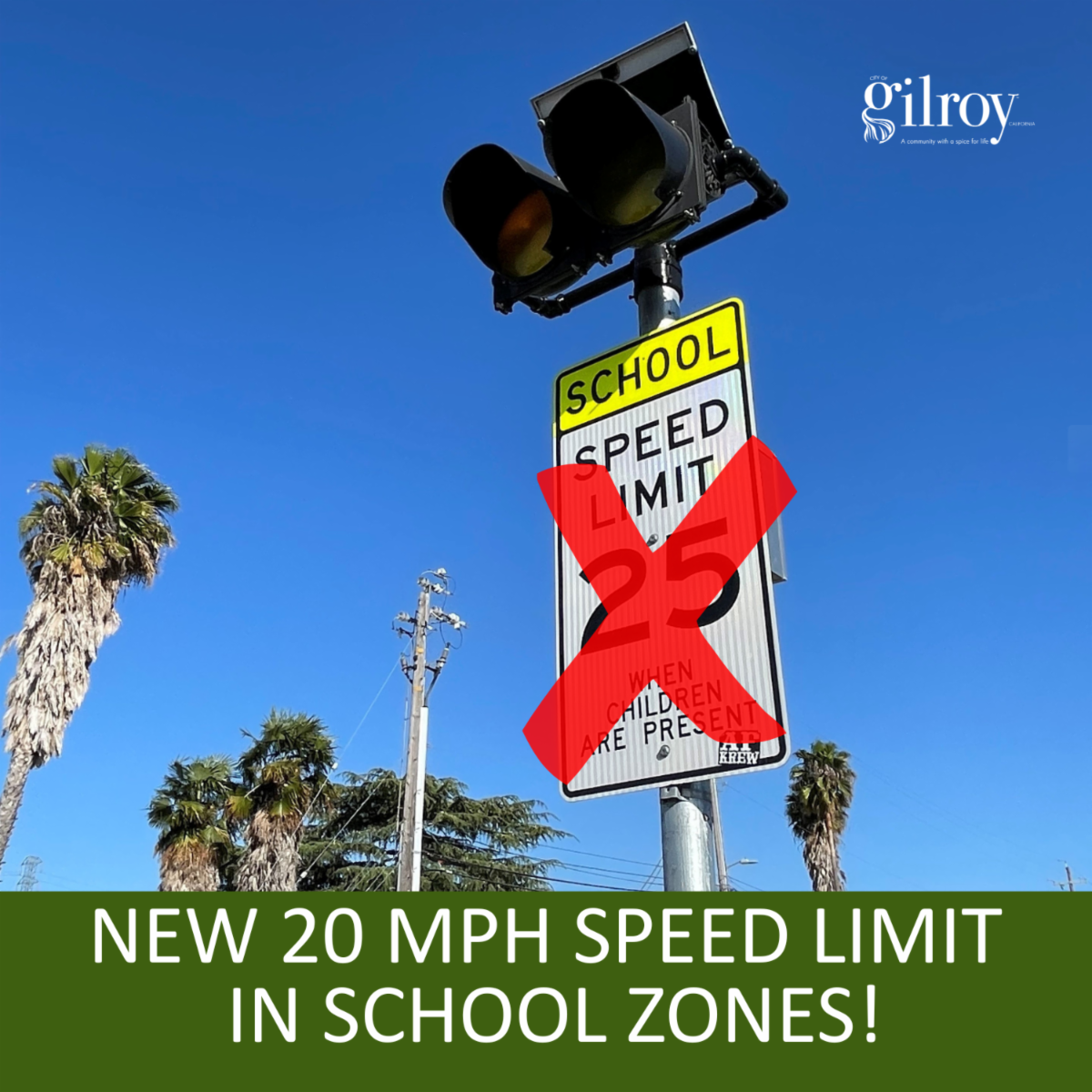 School speed limit sign with the 25 MPH crossed out. New 20 MPH speed limit in school zones coming soon.