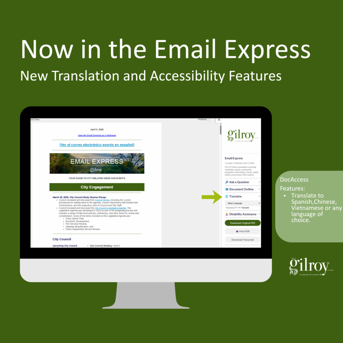 illustration of computer screen showing the Email Express and the DocAccess right hand menu and where to click to translate the document into other languages