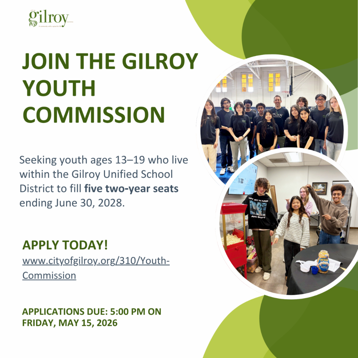 the Gilroy Youth Commission standing together, members of the youth commission making popcorn, brief information about the youth commission recruitment