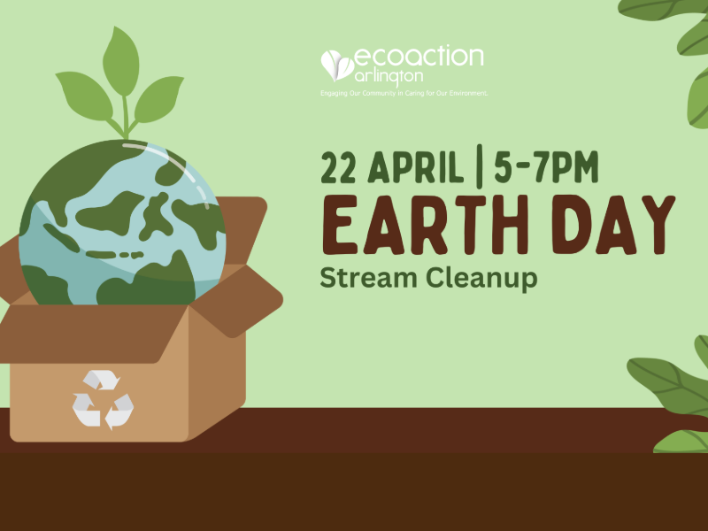 promotional graphic for Earth Day Stream Cleanup on April 22, 2025. Green background with brown  counter with a cardboard box with white recycling icon and a blue earth in box with seedling growing on top of the globe.