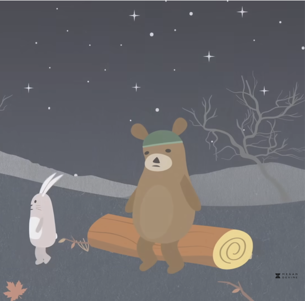 a cartoon bear sitting on a log looking sad