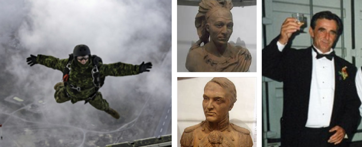 a collage of images including a man jumping out of a plane two historical busts and a man in a suit raising a glass