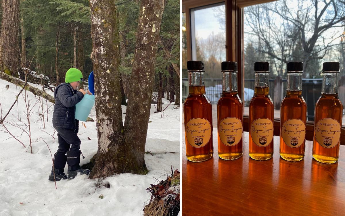 a child holding a bucket to a maple tree and bottles of maple syrup