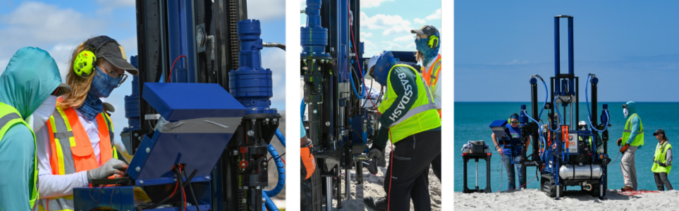 Banner image containing three photos of university scientific researchers working with vessels on the beach at Midnight Pass in Sarasota County.