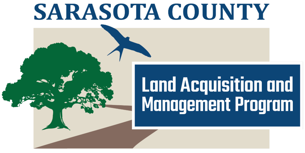 The Sarasota Count Land Acquisition and Management Program logo. The logo depicts a brown park trail with a green tree next to the and a blue bird flying.