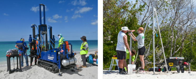 Banner image containing two photos of university scientific researchers working with vessels on the beach at Midnight Pass in Sarasota County.